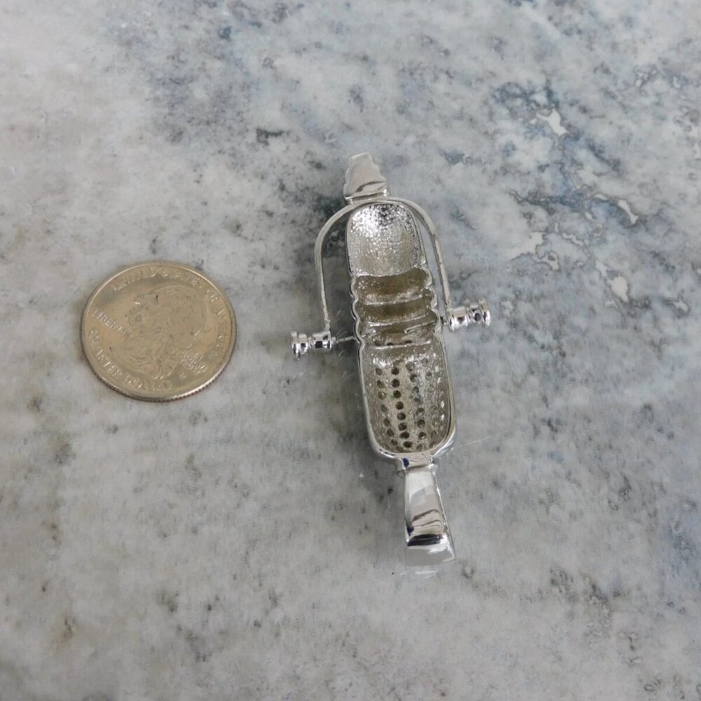 Large Sterling Silver Moving Microphone Pendant with rhinestones - Picture 3 of 4